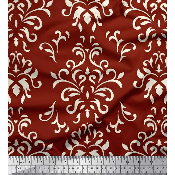 Soimoi Red Heavy Satin Fabric Filigree Damask Print Fabric by the Yard 54 Inch Wide