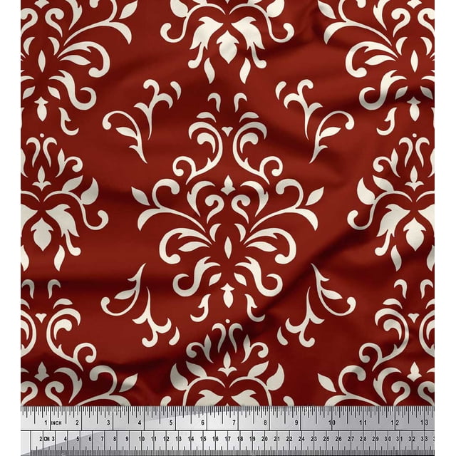 Soimoi Red Viscose Chiffon Fabric Filigree Damask Print Sewing Fabric Yard 42 Inch Wide