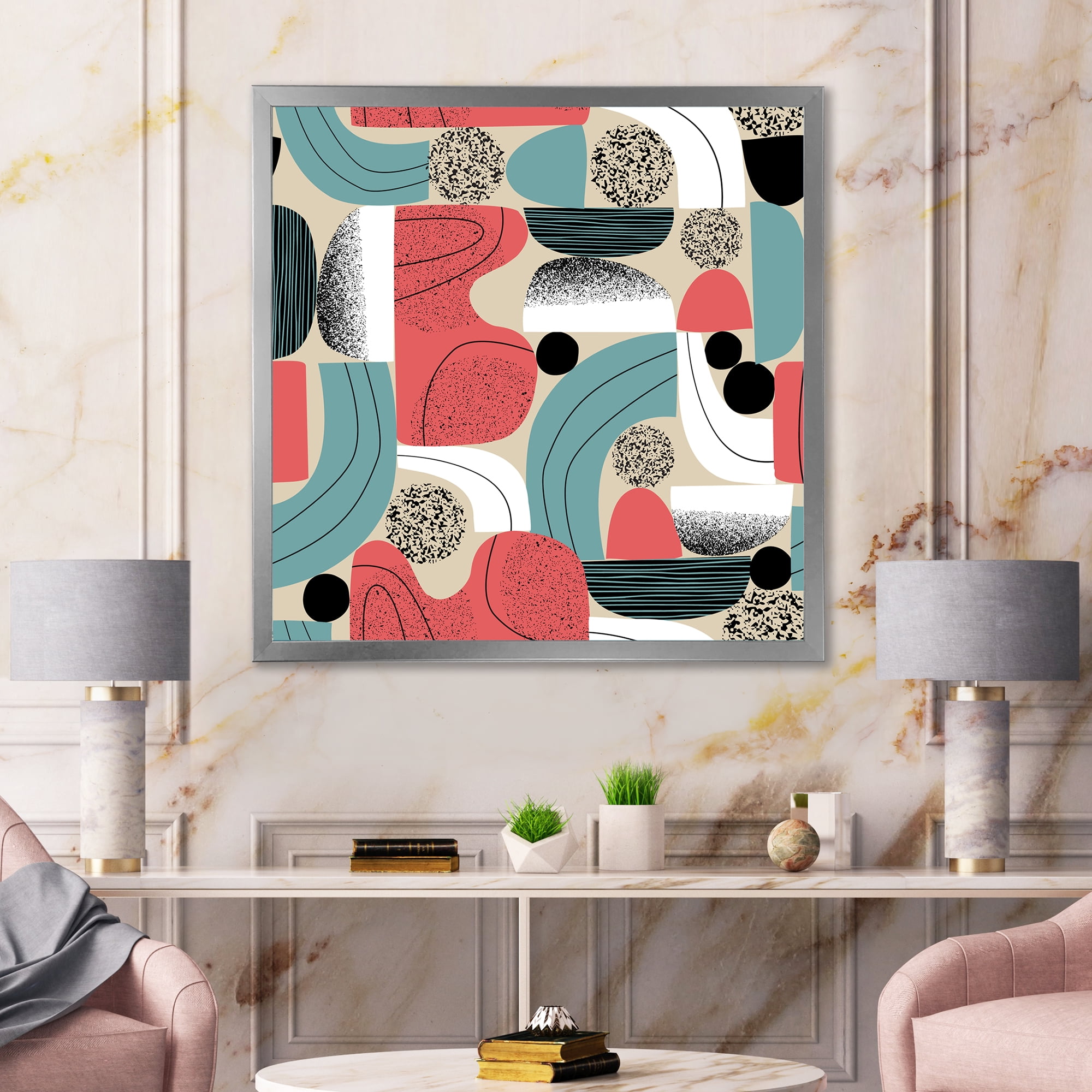 Designart 'Retro Shapes With Abstract Moons and Suns III' Modern Framed Art Print