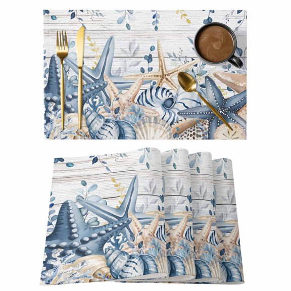 Blue Eucalyptus Coastal Placemats Set of 6,Cotton Linen Fabric Place Mats,Beach Starfish Shell Nautical Retro Decorative Table Mats Protector for Home Kitchen Dining Wedding Party Coffee Tables