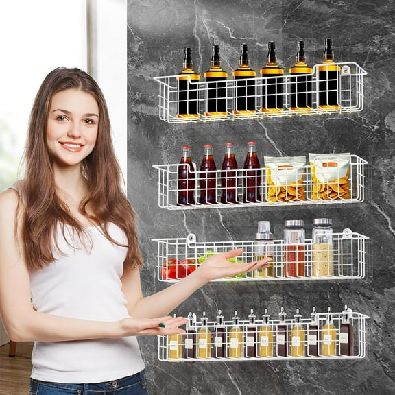 4-Pack Wall Mount Spice Rack, Metal Seasoning Organizer for Kitchen Cabinet, Pantry & RV Storage, Space-Saving Design, White