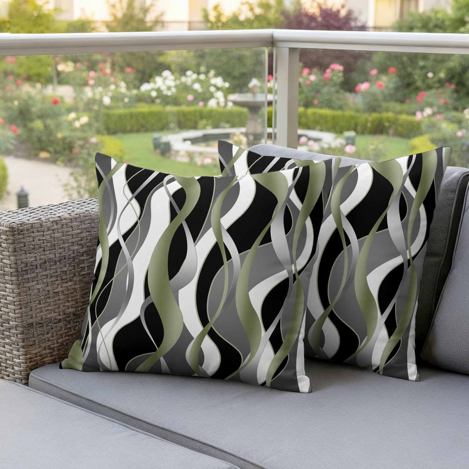 Sage Green Stripe Outdoor Waterproof Pillow Covers, Grey White Geometric Modern Abstract Decorative Square Throw Pillowcase Sofa Cushion Sham for Patio/Couch/Chair, 18"x18" 2 Pack