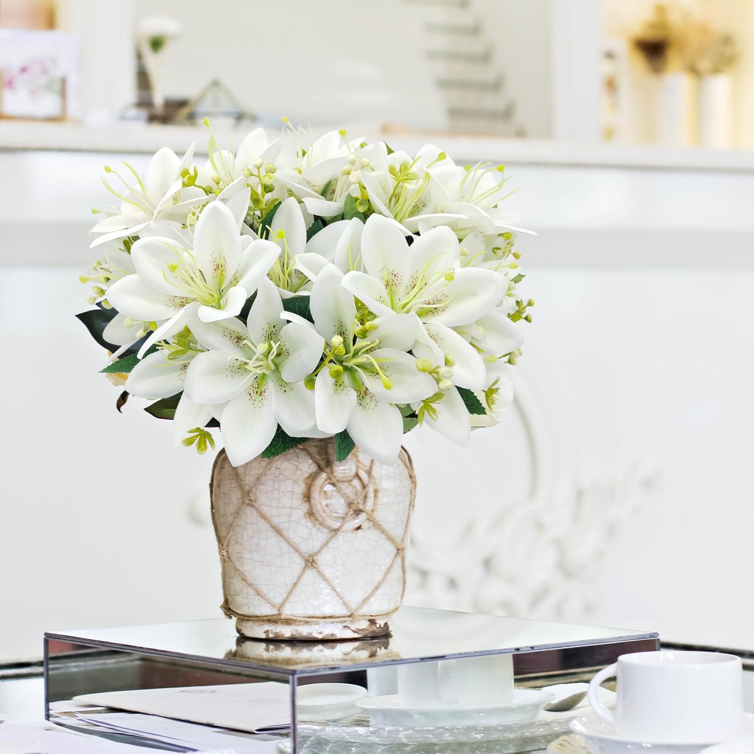 4 Bundles Artificial Tiger Lily Silk Flowers Faux Fake Lilies Plants for Wedding Bouquet Home Party Indoor Table Hotel Office Vases Floral Arrangements Outdoor Garden Decor (White)