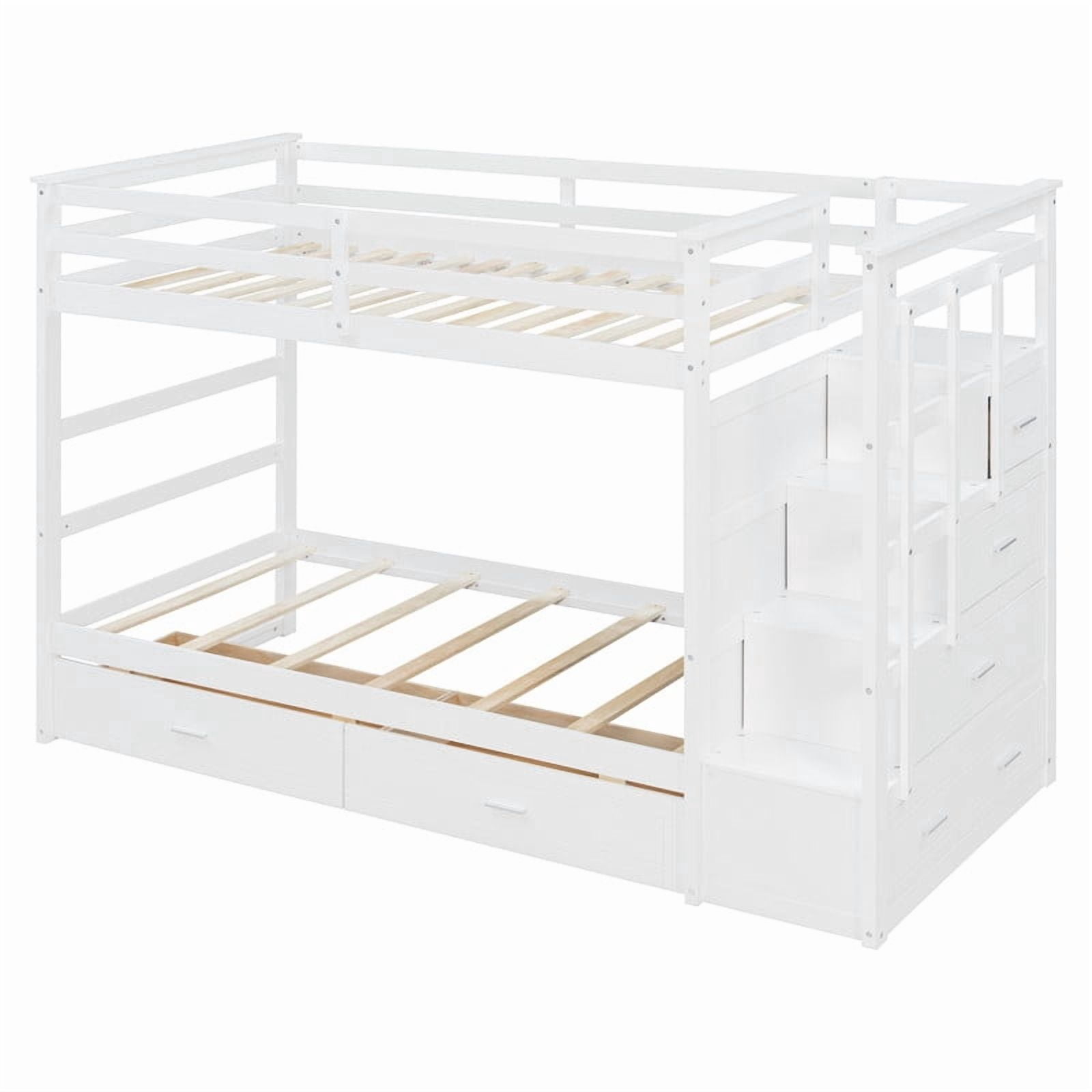 Twin Over Twin Kids/Teens Bunk Bed with Buit-In Staircase, Wooden Storage Bed Frame with 6 Drawers