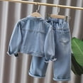 thumbnail image 5 of RUTAYY Children Girls Outfit Denim Sets Fall Lapel Buttons Printed Letters Coat Elastic Waist Trousers Stylish Outfit 2-Pack 3-13 Years Fashion Clothing, 5 of 9