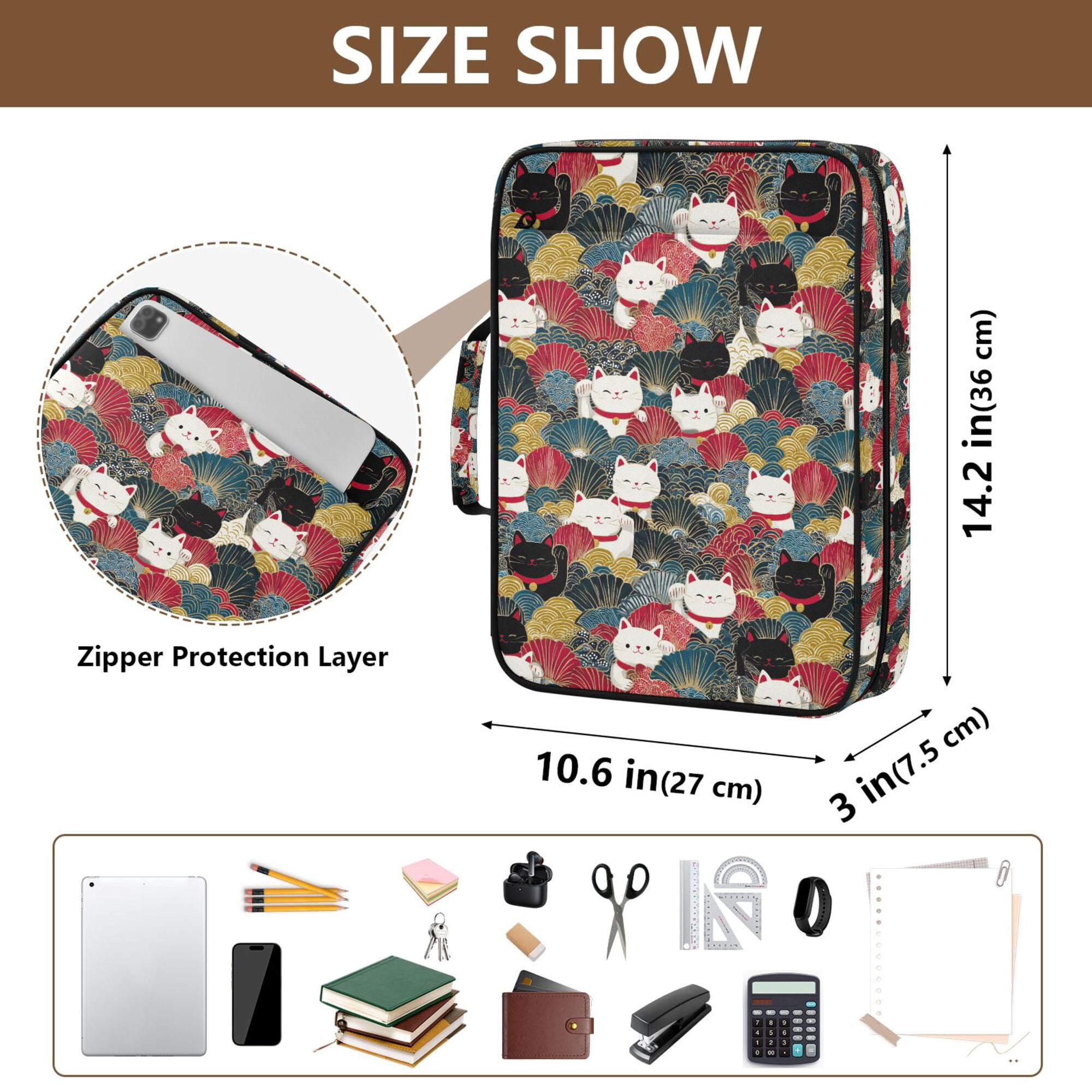 FORMRS Accordion File Folder A4 Size 7-Pocket Expanding Document Organizer Bag with 3 Ring Binder, Black Lucky Cat