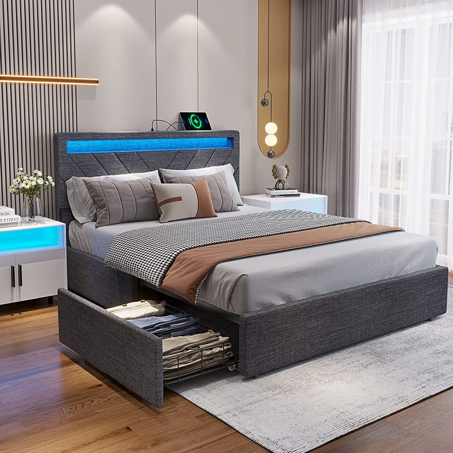 Adorneve Full Bed With Led Lights Platform Bed Frame With 4 Drawers