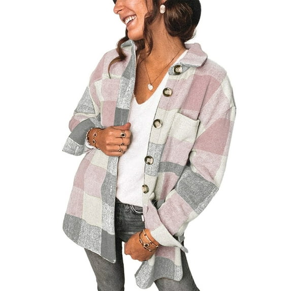 Powerdelux Womens Plaid Shacket Casual Oversized Flannel Long SleeveBlouses Tops Lapel Button Down Shirt Jacket