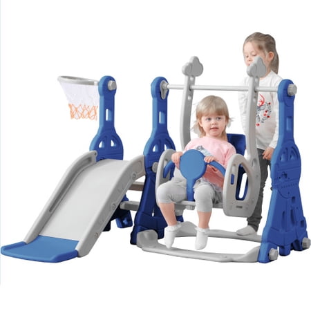 Toddler Slide and Swing Set 3 in 1  Kids Playground Climber Swing Playset with Basketball Hoops Freestanding Combination