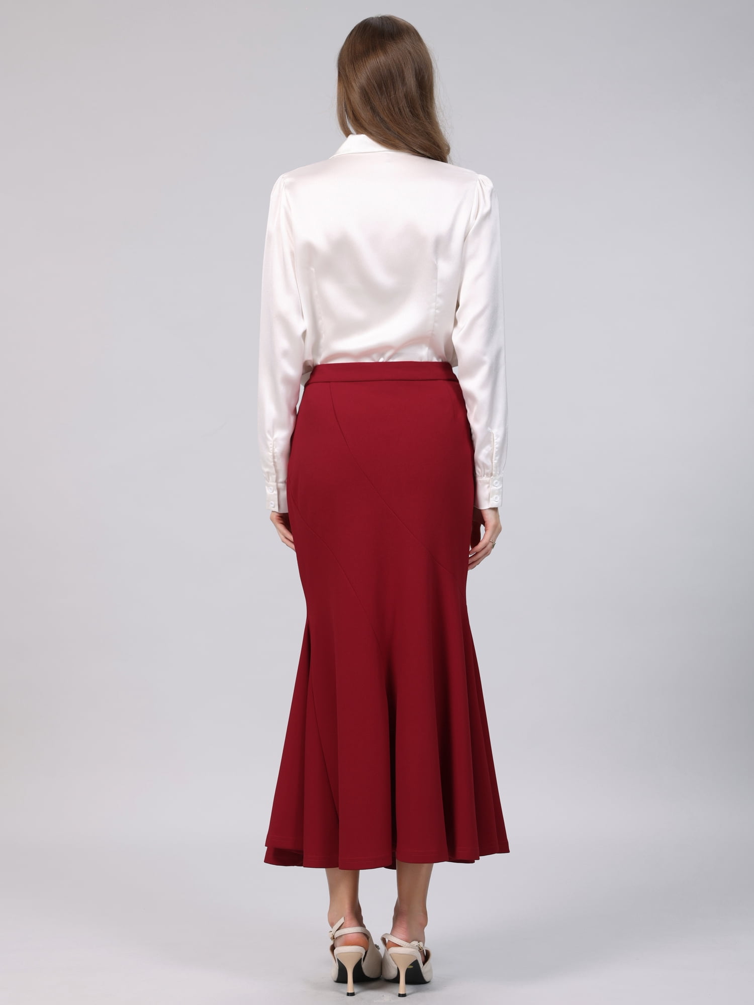 DARING DIVA Women's Fishtail Long Skirt High Work Maxi Mermaid Skirts S Dark Red