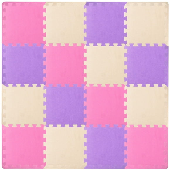 Prosource Foam Puzzle Floor Play Mat For Kids And Babies With Solid Colors 36 Or 16 Interlocking Tiles With Borders Pink/Purple/Beige