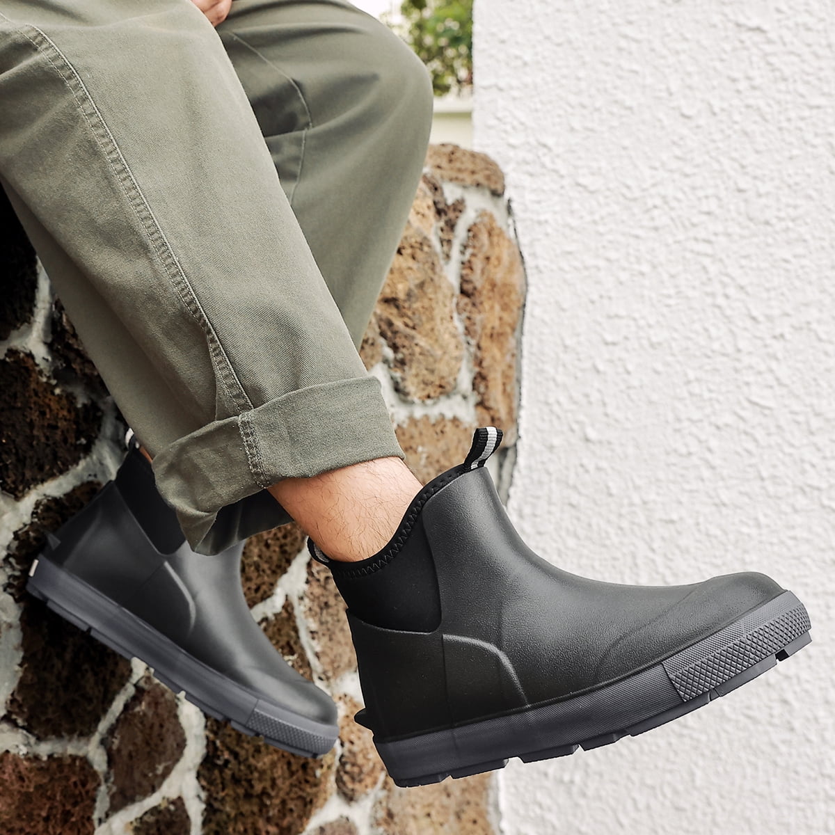 Lcamaw Men's Deck Boots, Waterproof Ankle Rain Boots with Anti-Slip Traction, Rubber Garden & Fishing Boots for Boating, Camping, Farming & Outdoor Work
