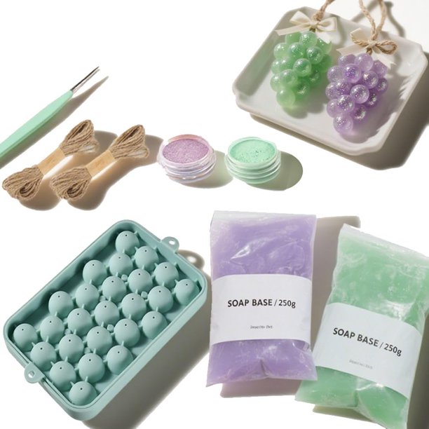 Kit de fabricación de jabón de uva DIY para principiantes, juego completo de manualidades hecho a mano con moldes, cuerda de yute, polvo de mica, base de jabón natural y herramientas para decoración