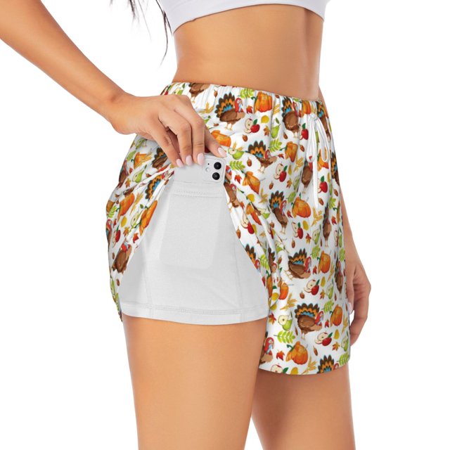 Balery Holiday Thanksgiving Turkey Pantalones cortos deportivos para mujer con forro y dos bolsillos, elásticos, para entrenamiento, gimnasio, yoga-Large