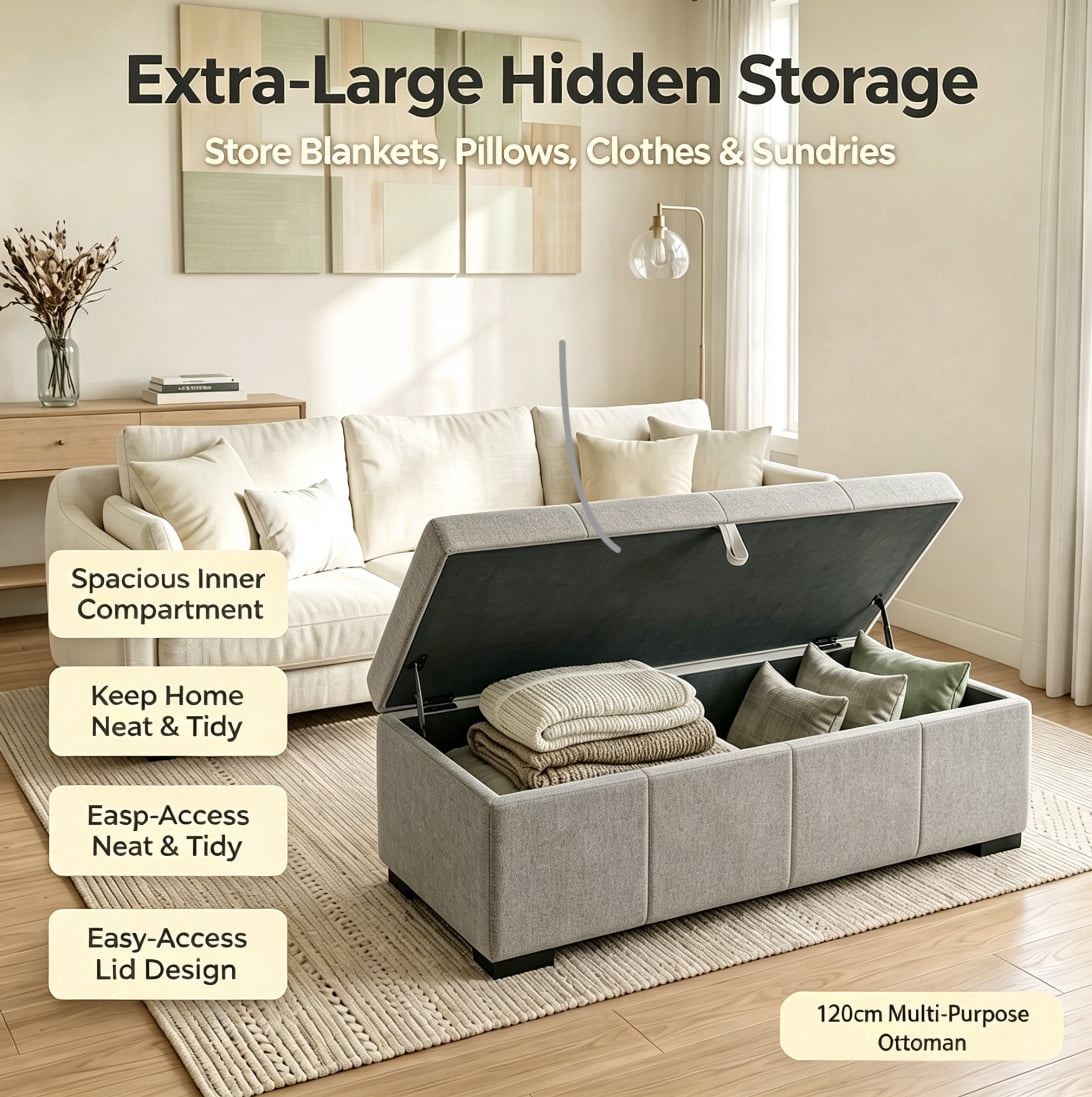 Modern Bed End Bench 47.2 Inch, Upholstered Storage Ottoman for Bedroom and Living Room, Rectangular Storage Bench for Entryway and Office, Dark Gray