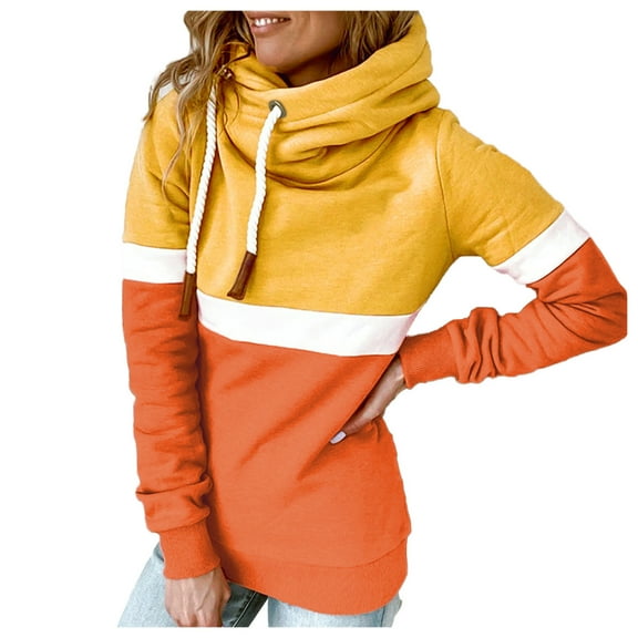 GPOECD Women's Color Matching Pullover Hoodie Fashion Casual Turtleneck Top Shirt Sweatshirt Comfortable Warm Winter Wear Z90-Orange,M