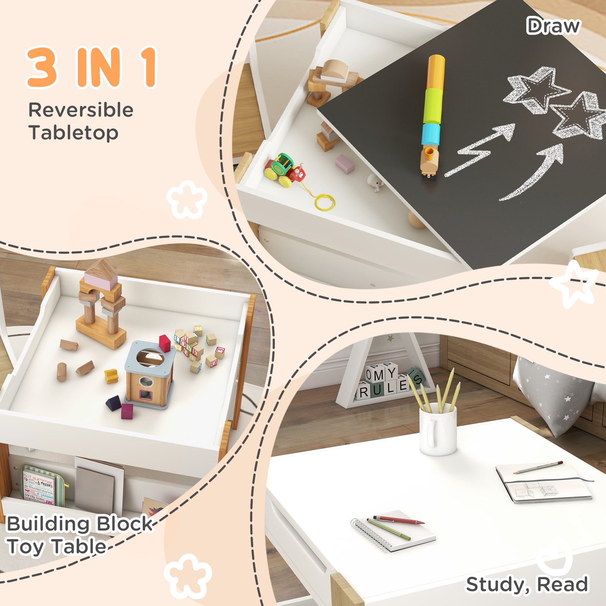 Qaba 3PCs Kids Table and Chair Set with Blackboard & Storage, Natural