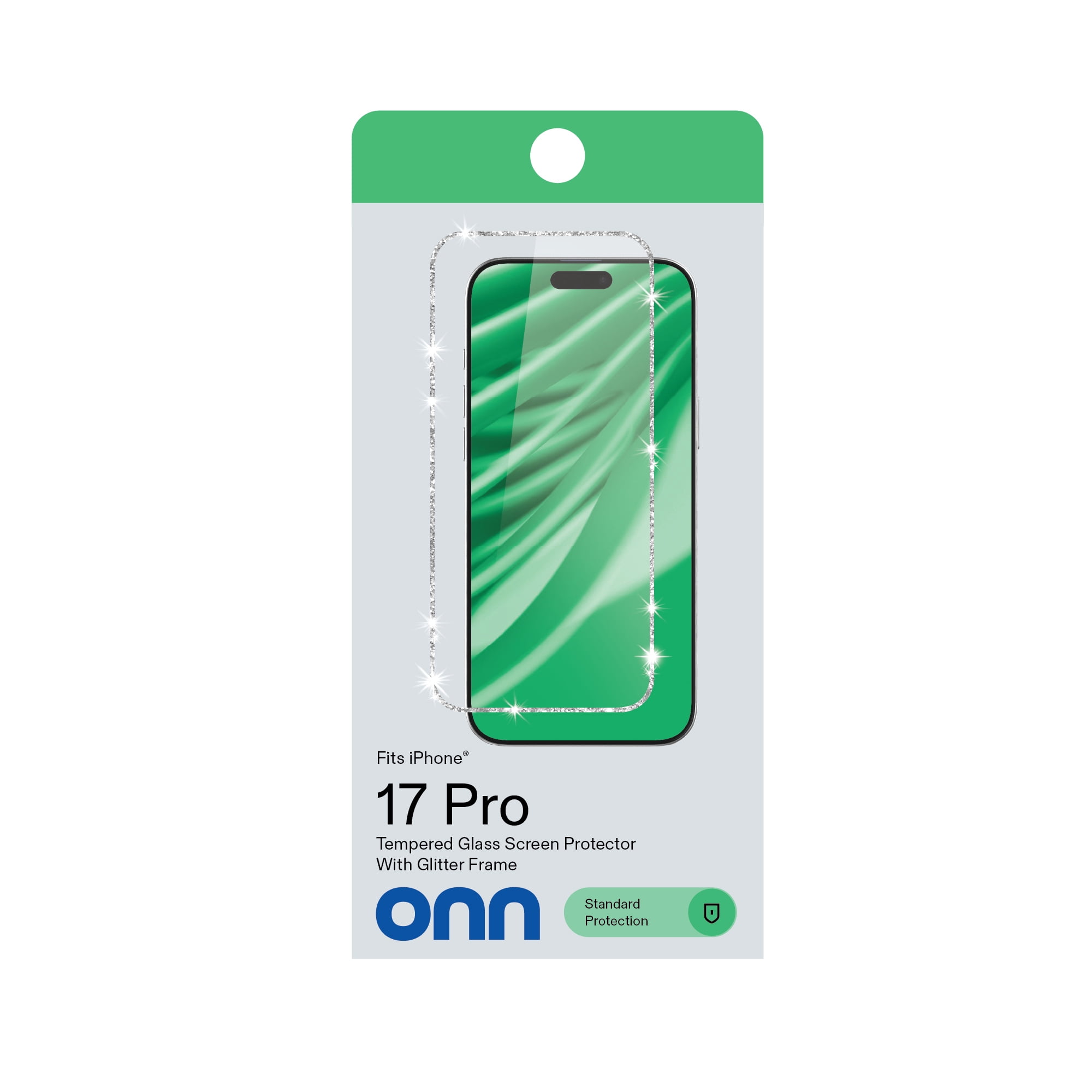 onn Glitter Frame Glass Screen Protector with Easy Application Tray for iPhone 17 Pro