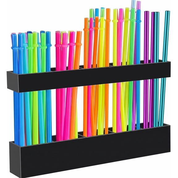 9.5" Acrylic Tumbler Straw Holder for Cabinet Door, Black Organizer. Adhesive Storage for Reusable Straws & Kitchen Accessories.