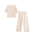 thumbnail image 4 of HH TRAF Conjunto de 2 piezas para mujer, camiseta de un solo pecho con mangas abullonadas y cuello redondo bordado + pantalón de pierna ancha con bolsillo con cremallera sólida para mujer, 4 of 5