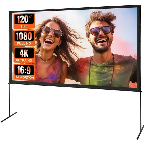 120" Projector Screen with Stand - 16:9 HD 4K Wrinkle-Free Outdoor Movie Screen - Includes Carry Bag & Stabilizing Feet for Backyard/Camping/Theater