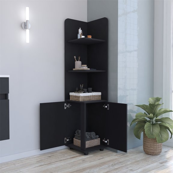 M optimized Floor Storage Cabinet, Tall Bathroom Storage Unit with 2-door Base Cabinet, 3 Tier Open Shelves, Linen Tower Storage Rack Stand for Kitchen Living Room Bathroom