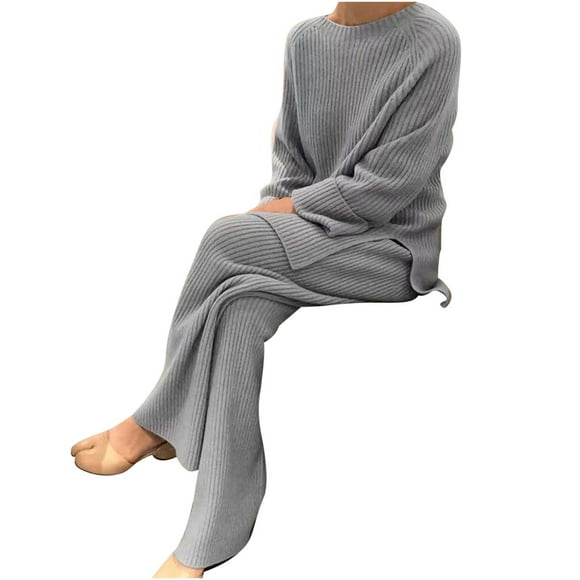 Women's Knitted 2 Piece Outfit Set Long Sleeve Pullover Sweater Top and Wide Leg Long Pants Lounge Sets Fall Winter