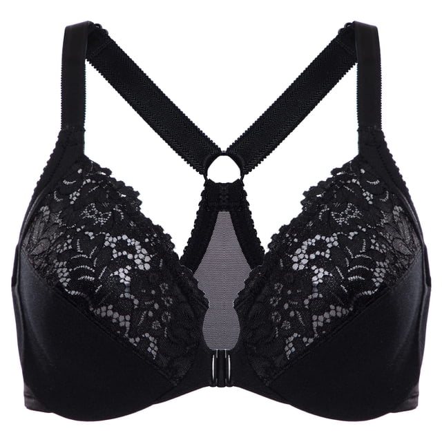 Sostén DELMIRA Talla Grande 46DD con Cierre Frontal, Encaje y Espalda Deportiva Negro
