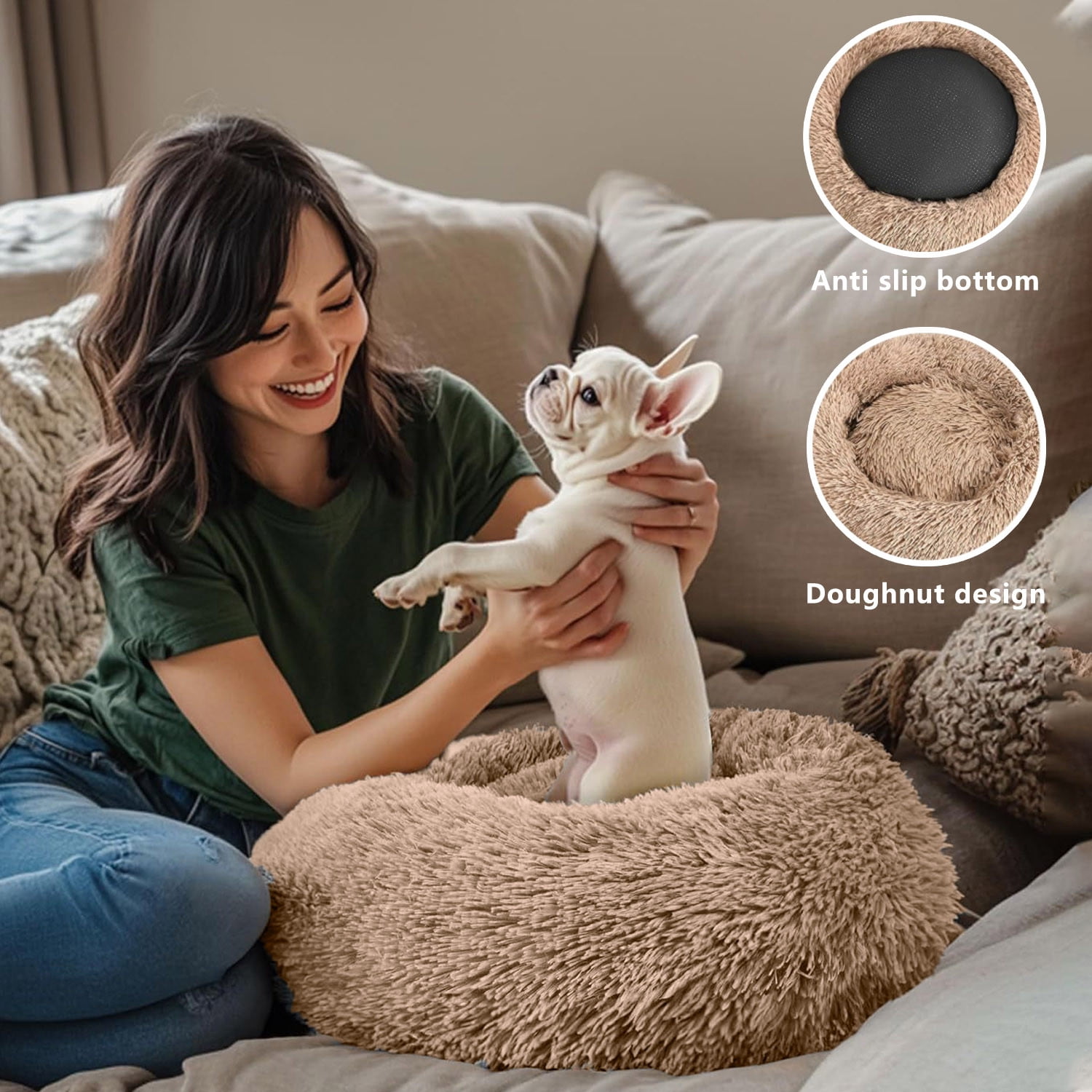 Fluffy Donut Dog & Cat Bed - Soft Plush Round Pet Bed for Small/Medium Animals, Waterproof & Anti- Base - Machine Washable, Calming Cuddle Bed for Puppies & Cats