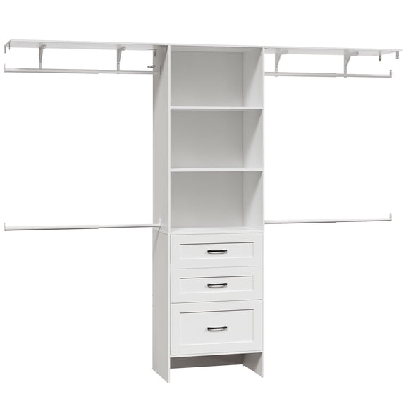Closet Storage System, Closet System with 3 Drawers, Multifunctional Storage Wardrobe, Walk-in Wardrobe Organizer, Closet with Hanging Rods, Garment Rack, for Bedroom Cloakroom, White WW60LY01
