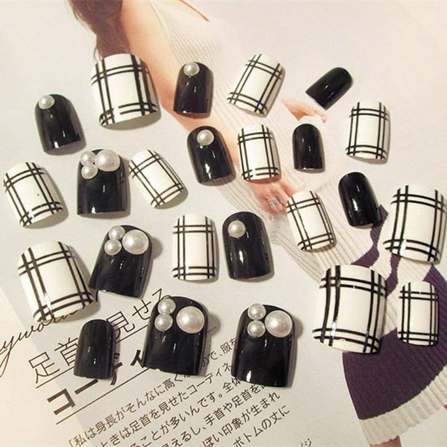 Decoración de uñas, 24 unidades/caja, patrón de rayas, diamantes de imitación, uñas artificiales falsas, uñas postizas hechas con cuidado
