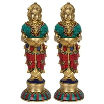 Brass World Brass Laxmi Vilakku Diya Welcome Lady Deepluxmi Pair(2 Pcs) Puja Decorations Indian Diwali Oil Lamp Pooja Light Mandir Home Backdrop Decor Lamps Decorative Wicks Diyas 9 Inch