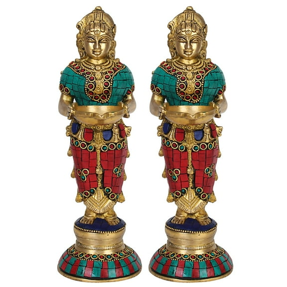Brass World Brass Laxmi Vilakku Diya Welcome Lady Deepluxmi Pair(2 Pcs) Puja Decorations Indian Diwali Oil Lamp Pooja Light Mandir Home Backdrop Decor Lamps Decorative Wicks Diyas 9 Inch