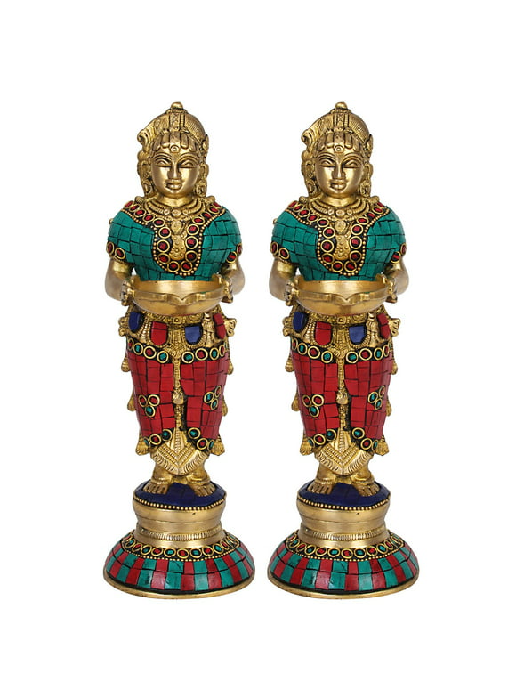Brass World Brass Laxmi Vilakku Diya Welcome Lady Deepluxmi Pair(2 Pcs) Puja Decorations Indian Diwali Oil Lamp Pooja Light Mandir Home Backdrop Decor Lamps Decorative Wicks Diyas 9 Inch