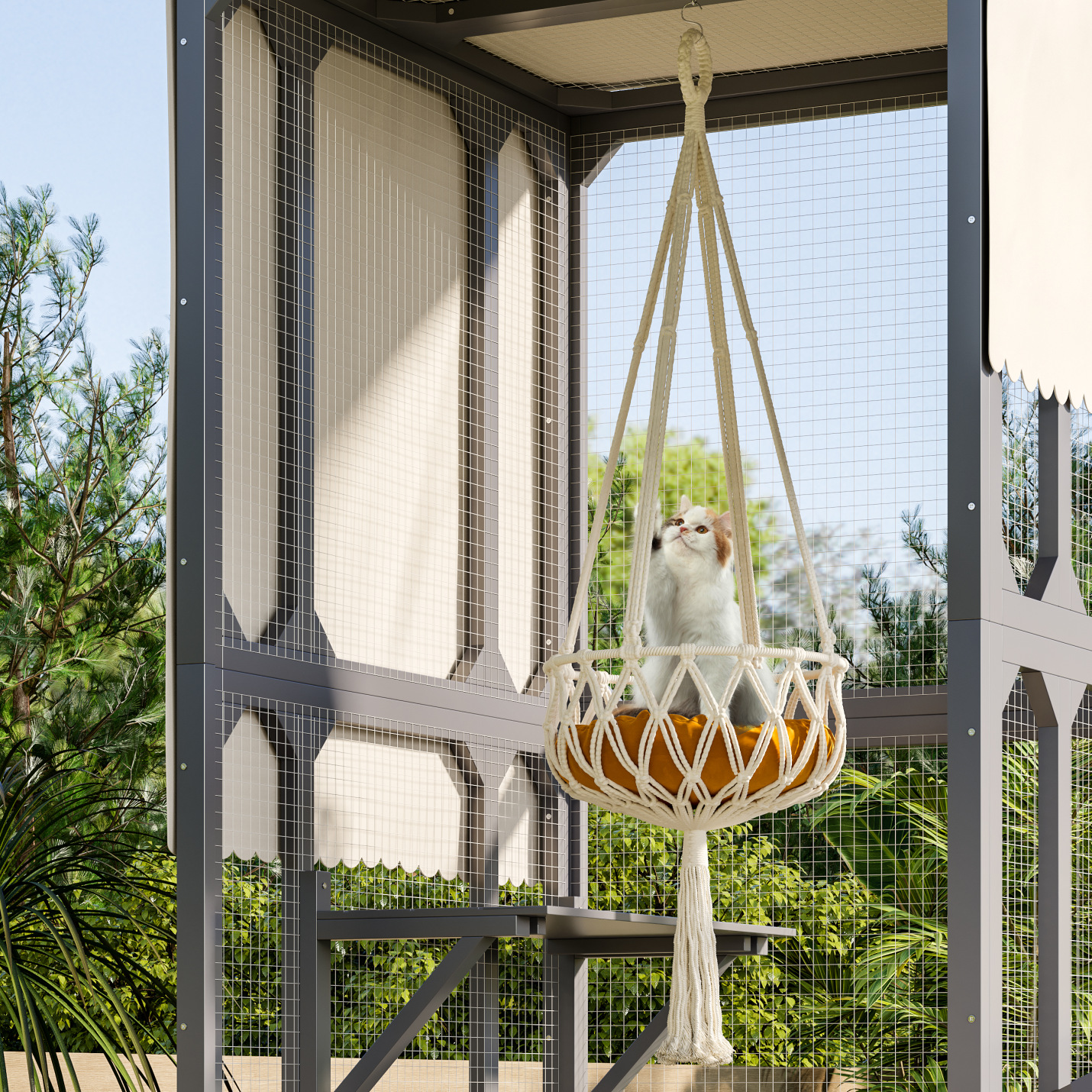 Outdoor Cat Enclosure with Play Platforms and Swing, Large Wooden Catio for Multiple Cats, Removable Waterproof Cover, UV Resistant, 2-Section Design, Gray