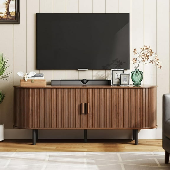 ZHIBO 55" TV Stand with Power Outlet for TVs up to 60 inches, Entertainment Center with Adjustable Shelves & Sliding Doors, Media Console, Walnut