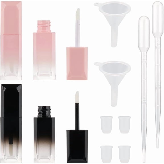 4Pcs 6ml Square Empty Lip Gloss Tube Glaze Container with Wand Applicator and Rubber Stopper Black Pink Gradient Refillable Lipgloss Balm DIY Samples Bottle Tube with Droppers Funnel for DIY