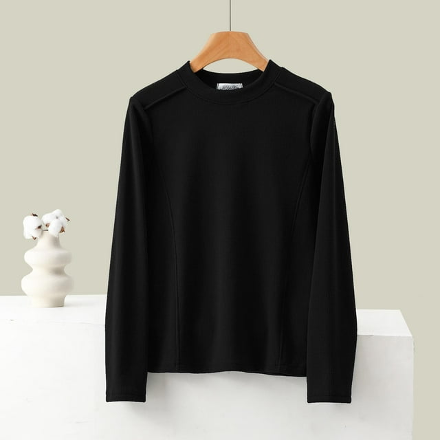 Fankiway Chemises à Manches Longues pour Femmes, sous-Vêtement Thermique en Polaire Colorée à Col Rond Noir 2TG