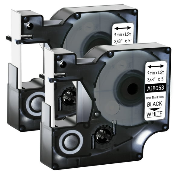 GREENCYCLE 2PK Industrial Rhino Heat Shrink Tubes Compatible for DYMO 18053 9mm 3/8" Black on White Cable Label Tape