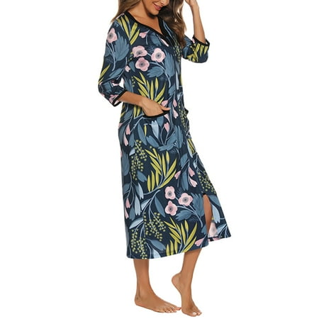 

Niuer Women Lightweight Front Zip Nightgowns Ladies Loose Robes V Neck House Wear Floral Print Split Pajamas Navy Blue L