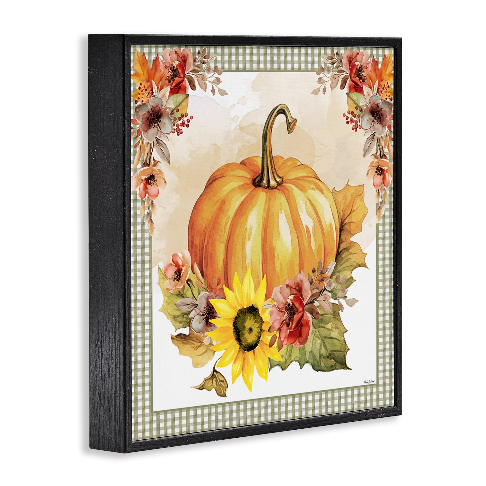 Stupell Industries Pumpkin with Flower Accent Botanical & Floral Painting Black Framed Art Prints Wall Art, 12 x 12