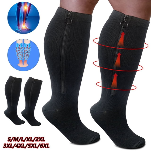 HLONK Plus Size Zipper Compression Socks 20-30 mmHg for Men and Women Wide Calf S-6XL Comfortable Cotton