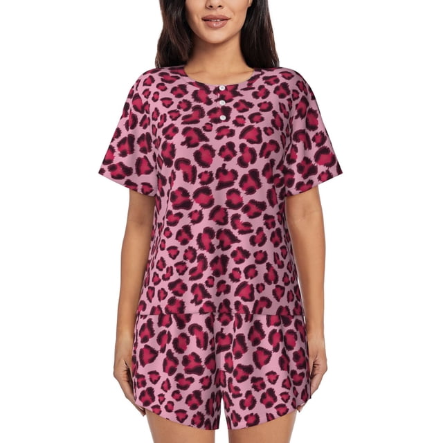 Xecao Rose Leopard Print Pattern Women's Short Sleeve Pajama Set Soft Sleepwear Lounge Set with Button Front Top and Drawstring Shorts with Pockets-Small