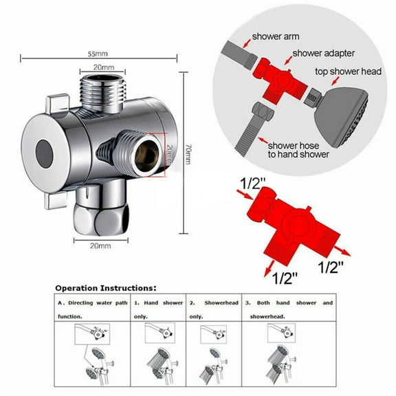 Shower Diverter,Arm Mounted Diverter Mounted Diverter Valve Inch 3-way T-adapter Diverter Valve Tap 1/2 Inch Bath Head Arm T-adapter Bath Head 3-way T-adapter Bath Buzhi Yorten Iuppa