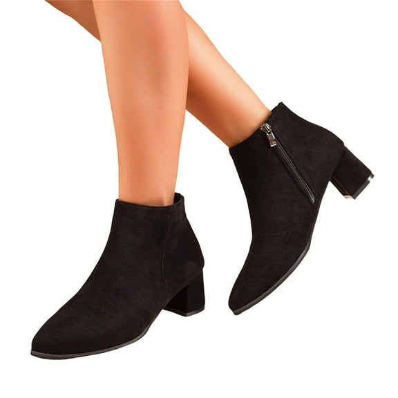 Womens Ankle Boots Casual Fall Winter Dress Suede Pointed Toe Block Heel Zip up Short Chelsea Booties