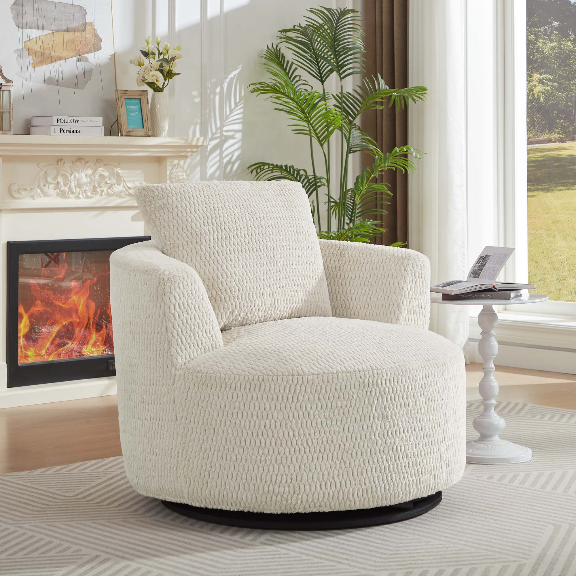 Miniyam Plush Comfort Swivel Chair: 360° Rotating, Sturdy Wood Base, Hassle-Free Assembly, Neutral Design, Cream