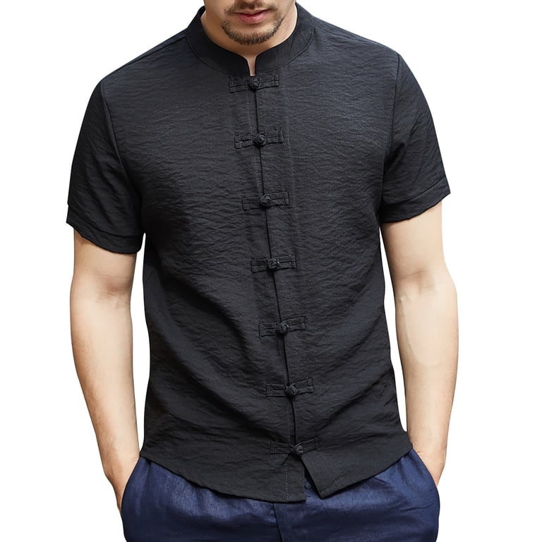custom dress shirts from china Men Shirts Chinese Tang Suit Short Sleeve Henley Collar Solid Linen Shirts Mens Hawaiian Shirt Black XXXL