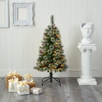 Nearly Natural 4' Green Frosted Pine Artificial Christmas Tree with Berries Prelit 100 Clear LED Lights