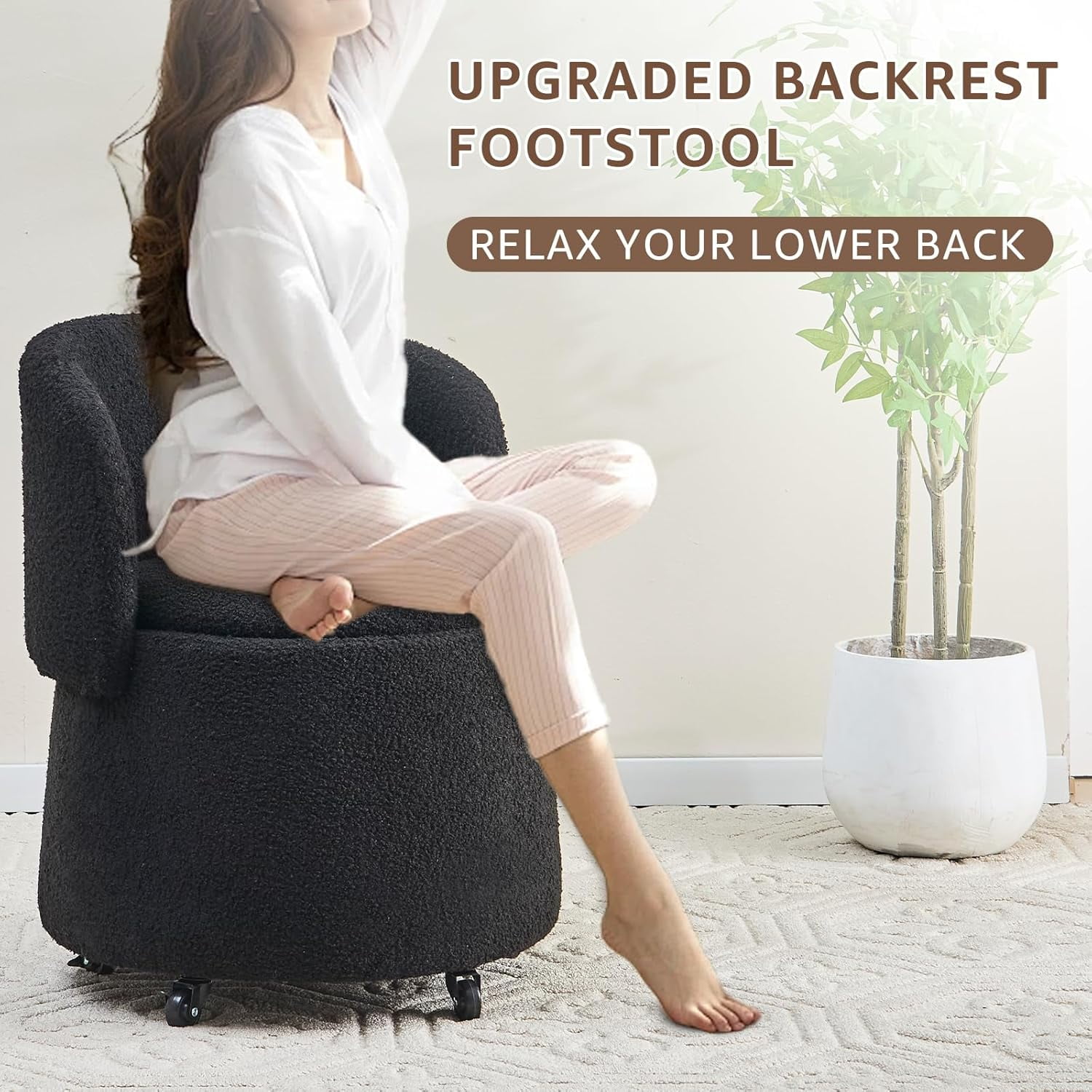 Mxfurhawa Modern Velvet Storage Ottoman – Vanity Stool with Backrest & 5 Rolling Wheels, Small Footstool for Makeup, Bedroom, or Extra Seating (Black)
