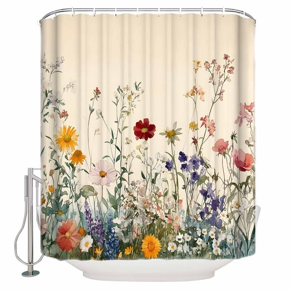 Spring Floral Bathroom Shower Curtains with 12 Hooks Polyester Waterproof Shower Curtain for Stalls and Bathtubs Beige Watercolor Botanical Decorative Bathroom Privacy Curtain 66x72 Inches